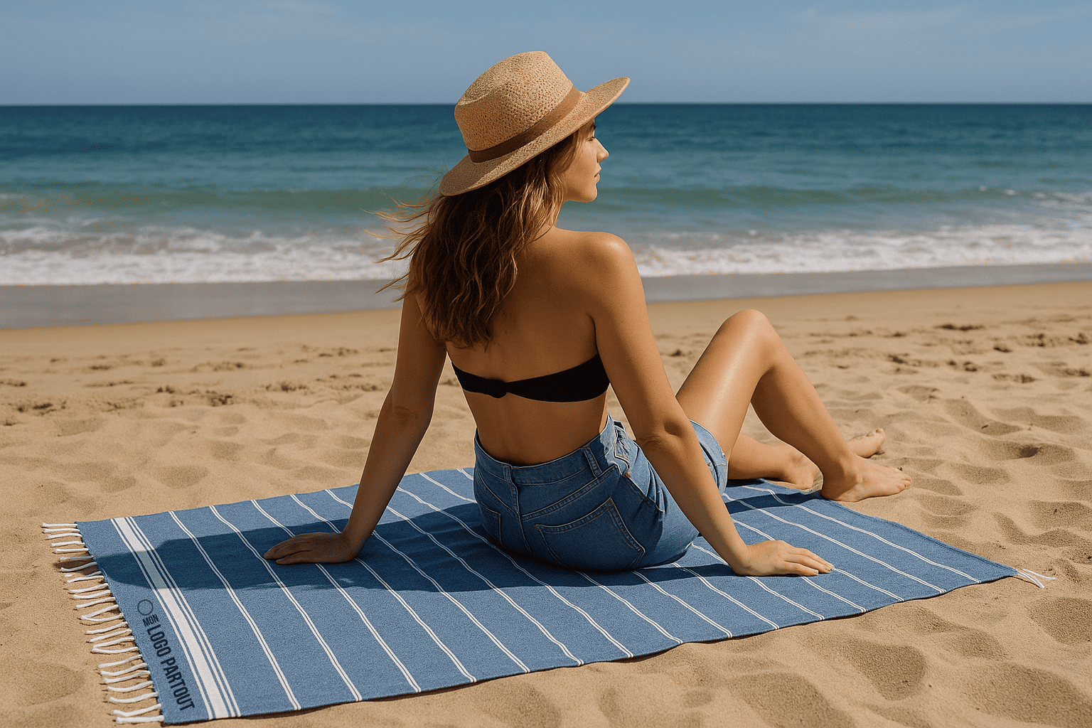 Femme installée sur une fouta de plage